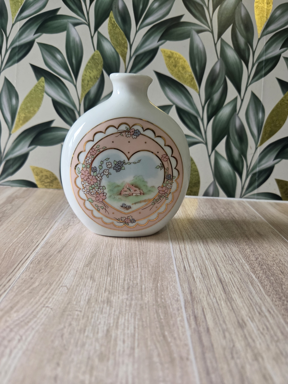 Vintage Applause Inc Japan Porcelain Cottage Heart Moon Flask Bud Vase